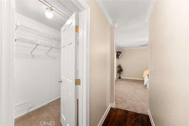 1128 Aldersgate Dr, La Verne, CA 91750 - hallway featuring ornamental molding and carpet floors