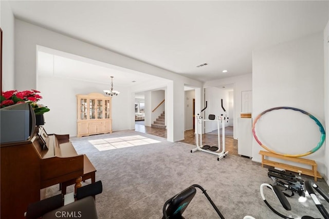 15453 La Casa Dr, Moreno Valley, CA 92555 - workout room featuring carpet flooring, a chandelier, and recessed lighting