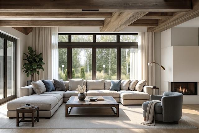 1901 Mariners Dr, Newport Beach, CA 92660 - living room featuring beam ceiling, wood finished floors, and a warm lit fireplace