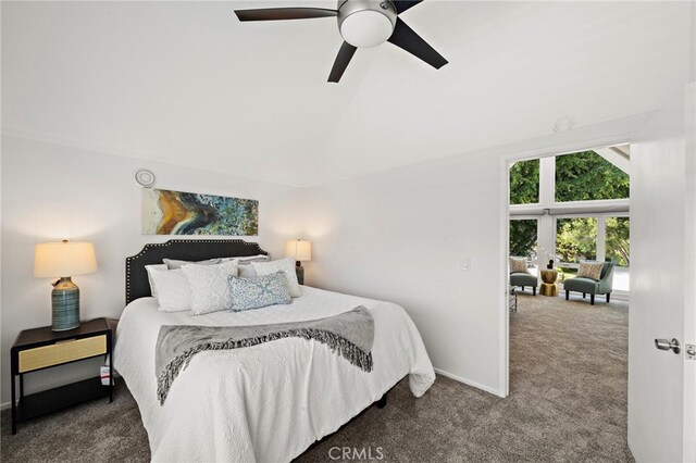 9168 El Azul Cir, Fountain Valley, CA 92708 - bedroom featuring carpet floors, vaulted ceiling, and a ceiling fan
