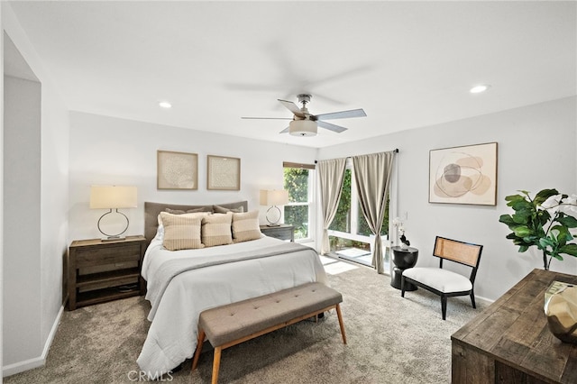 9168 El Azul Cir, Fountain Valley, CA 92708 - bedroom with carpet floors, access to outside, a ceiling fan, and recessed lighting