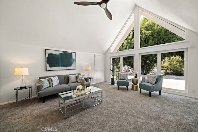9168 El Azul Cir, Fountain Valley, CA 92708 - living room featuring carpet flooring, high vaulted ceiling, and a ceiling fan