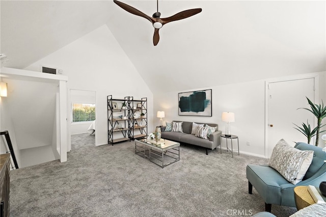 9168 El Azul Cir, Fountain Valley, CA 92708 - living room featuring carpet flooring, a ceiling fan, and high vaulted ceiling