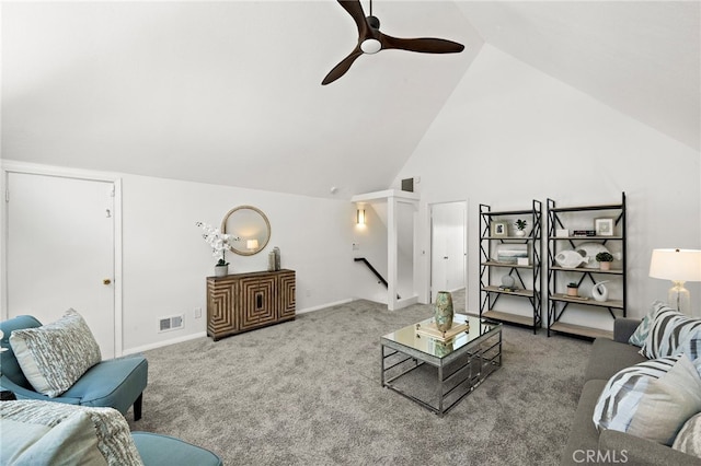 9168 El Azul Cir, Fountain Valley, CA 92708 - carpeted living room featuring vaulted ceiling and ceiling fan
