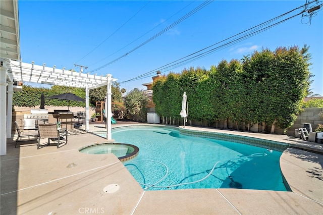 9168 El Azul Cir, Fountain Valley, CA 92708 - view of pool with area for grilling, a pool with connected hot tub, a fenced backyard, a pergola, and a patio area