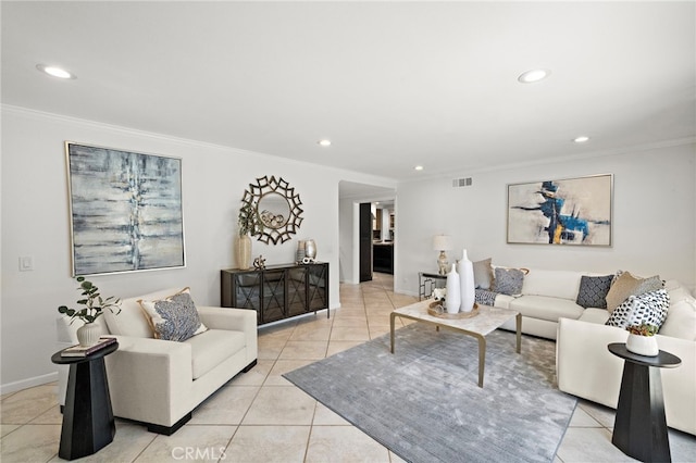 9168 El Azul Cir, Fountain Valley, CA 92708 - living room with crown molding, light tile patterned floors, and recessed lighting