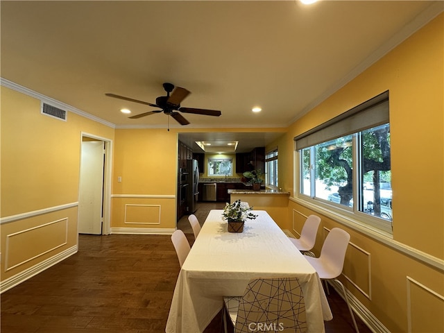 330 W California Blvd Unit 101, Pasadena, CA 91105 - dining space with ornamental molding, a decorative wall, dark wood-type flooring, recessed lighting, and wainscoting
