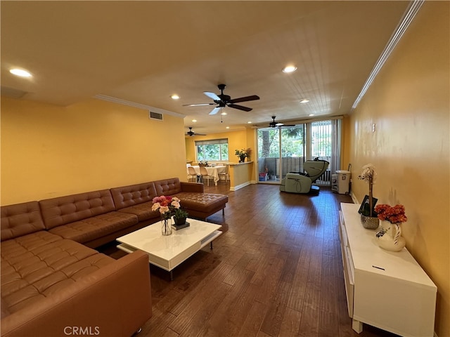 330 W California Blvd Unit 101, Pasadena, CA 91105 - living area featuring recessed lighting, dark wood finished floors, ornamental molding, and ceiling fan