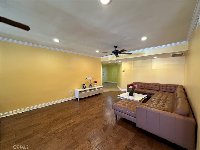 330 W California Blvd Unit 101, Pasadena, CA 91105 - living area with crown molding, dark wood-type flooring, recessed lighting, and a ceiling fan