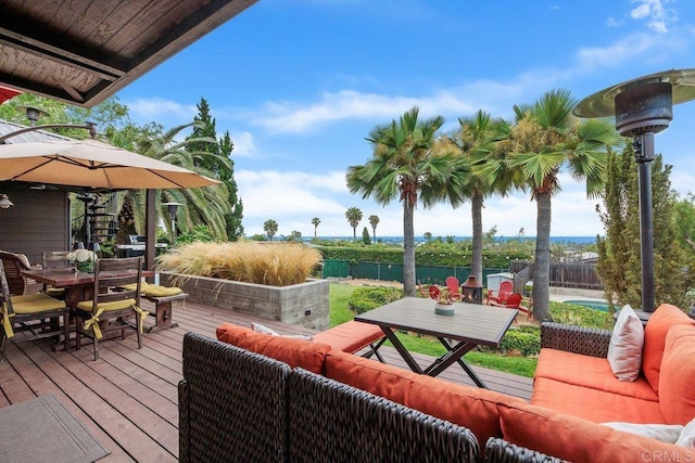 860 Nardo Rd, Encinitas, CA 92024 - deck featuring outdoor dining space, outdoor lounge area, and a fenced backyard