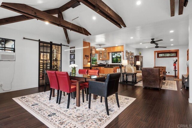 860 Nardo Rd, Encinitas, CA 92024 - dining room featuring a barn door, recessed lighting, ceiling fan, and dark wood-style flooring