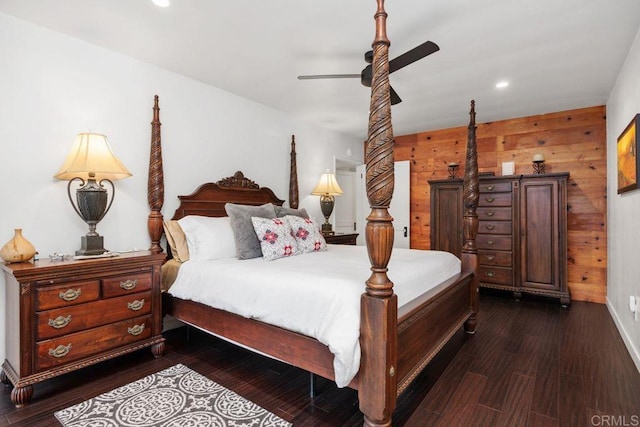 860 Nardo Rd, Encinitas, CA 92024 - bedroom with wooden walls, dark wood finished floors, recessed lighting, and a ceiling fan