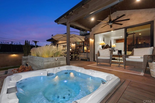 860 Nardo Rd, Encinitas, CA 92024 - pool at dusk featuring a wooden deck and a ceiling fan