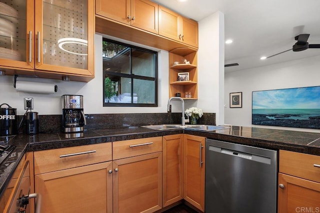 860 Nardo Rd, Encinitas, CA 92024 - kitchen featuring stainless steel dishwasher, tile countertops, glass insert cabinets, recessed lighting, and a ceiling fan