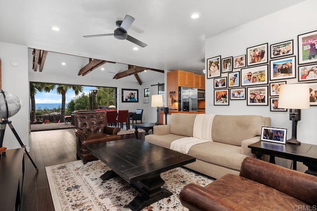 860 Nardo Rd, Encinitas, CA 92024 - living area featuring wood finished floors, recessed lighting, a ceiling fan, and beamed ceiling