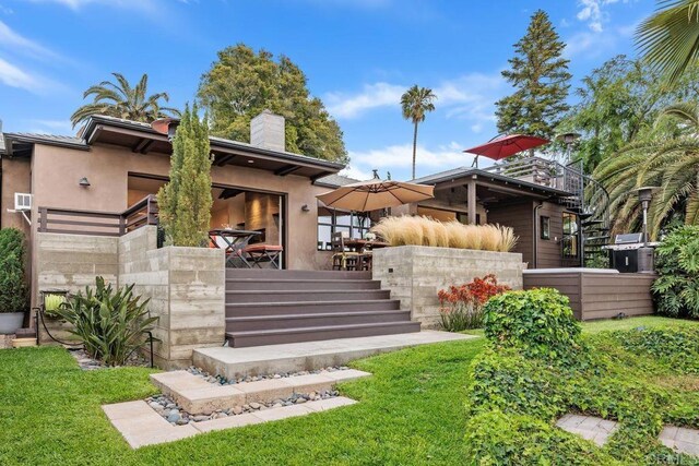 860 Nardo Rd, Encinitas, CA 92024 - back of property with stairway, a chimney, and stucco siding