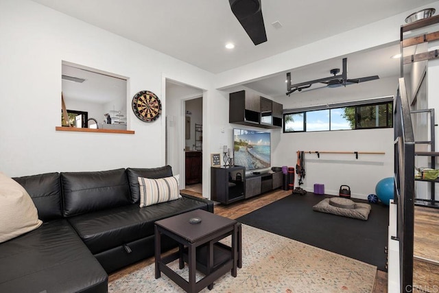 860 Nardo Rd, Encinitas, CA 92024 - workout room featuring wood finished floors, ceiling fan, and recessed lighting