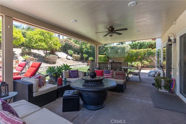 31032 Via Estenaga, San Juan Capistrano, CA 92675 - view of patio / terrace with an outdoor hangout area, a ceiling fan, and outdoor dining area