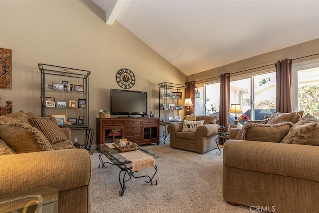 31032 Via Estenaga, San Juan Capistrano, CA 92675 - living room with light colored carpet, high vaulted ceiling, and beamed ceiling