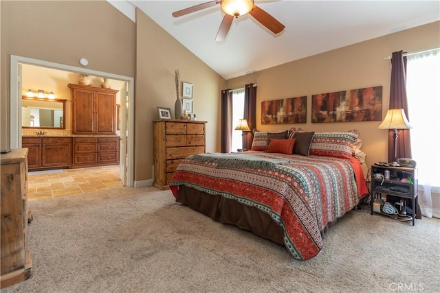 31032 Via Estenaga, San Juan Capistrano, CA 92675 - bedroom featuring light colored carpet, multiple windows, high vaulted ceiling, ensuite bathroom, and ceiling fan