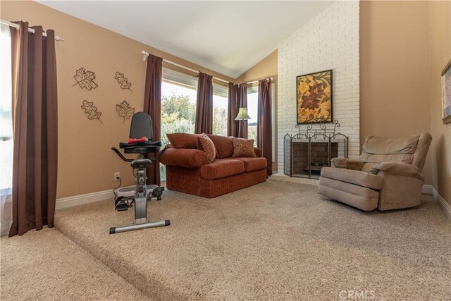 31032 Via Estenaga, San Juan Capistrano, CA 92675 - living room featuring lofted ceiling, carpet flooring, and a fireplace