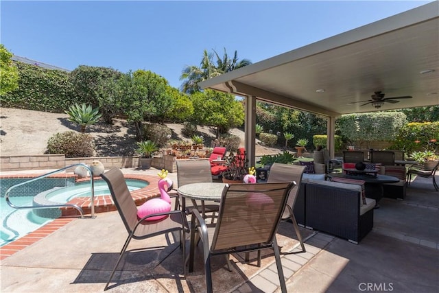 31032 Via Estenaga, San Juan Capistrano, CA 92675 - fenced backyard featuring a ceiling fan, a patio, a pool with connected hot tub, an outdoor living space, and outdoor dining space