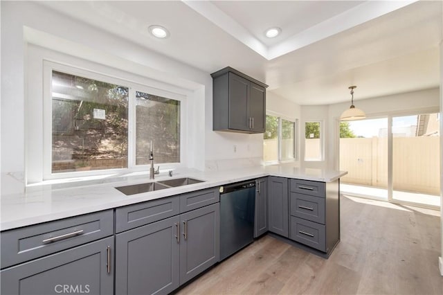 3314 Braemar Ln, Corona, CA 92882 - kitchen with dishwashing machine, gray cabinetry, a peninsula, light wood-type flooring, and light countertops
