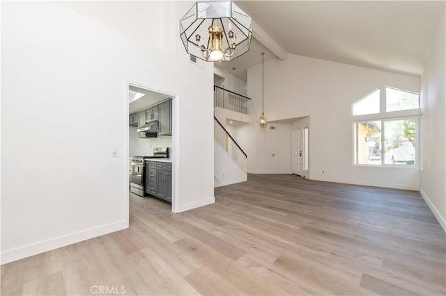 3314 Braemar Ln, Corona, CA 92882 - unfurnished living room with a chandelier, stairs, beam ceiling, high vaulted ceiling, and light wood finished floors