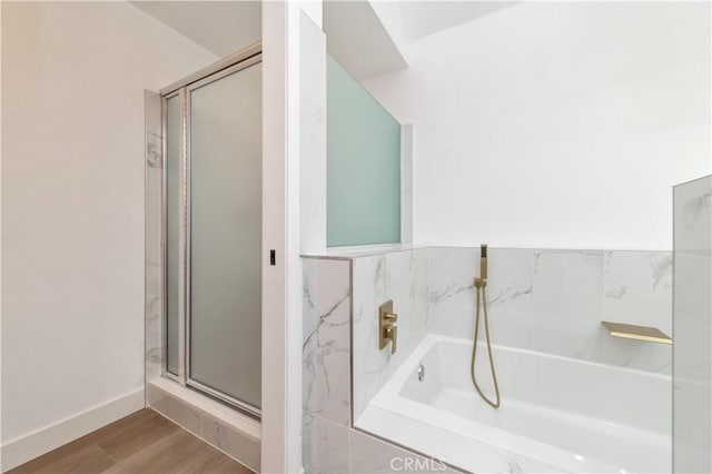 3314 Braemar Ln, Corona, CA 92882 - full bathroom with a stall shower, a garden tub, and wood finished floors
