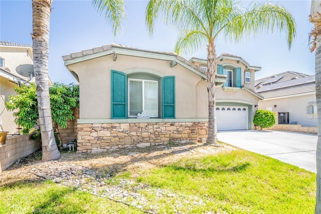 29155 Celestial Dr, Menifee, CA 92584 - mediterranean / spanish house featuring concrete driveway, stucco siding, stone siding, and a garage