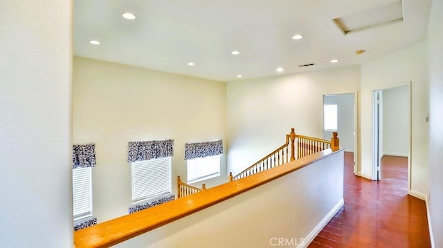 15537 Pheasant St, Chino Hills, CA 91709 - hall with attic access, an upstairs landing, healthy amount of natural light, recessed lighting, and dark wood-style floors
