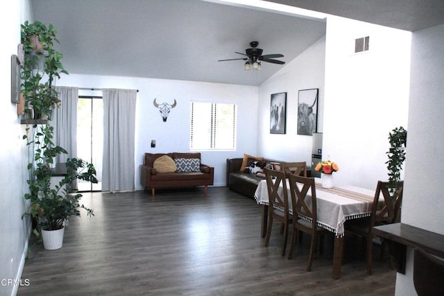 5246 Longfellow Way, Oxnard, CA 93033 - dining area featuring a ceiling fan, wood finished floors, and lofted ceiling