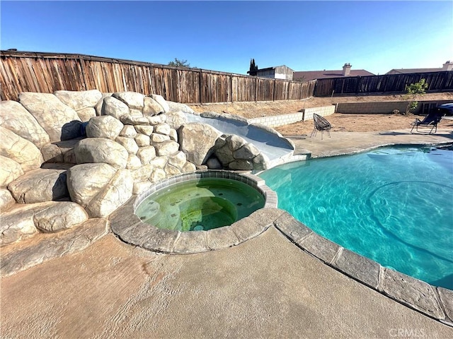 12649 Mesa Linda Ave, Victorville, CA 92392 - view of swimming pool with a fenced backyard, a patio, and a pool with connected hot tub