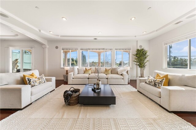 4642 Ohio St, Yorba Linda, CA 92886 - living area featuring dark wood-style floors and recessed lighting