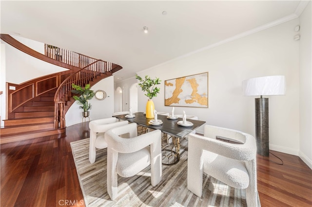 4642 Ohio St, Yorba Linda, CA 92886 - dining area featuring arched walkways, wood finished floors, stairway, and ornamental molding