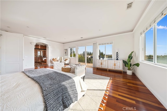 4642 Ohio St, Yorba Linda, CA 92886 - bedroom with arched walkways, wood finished floors, access to exterior, and crown molding
