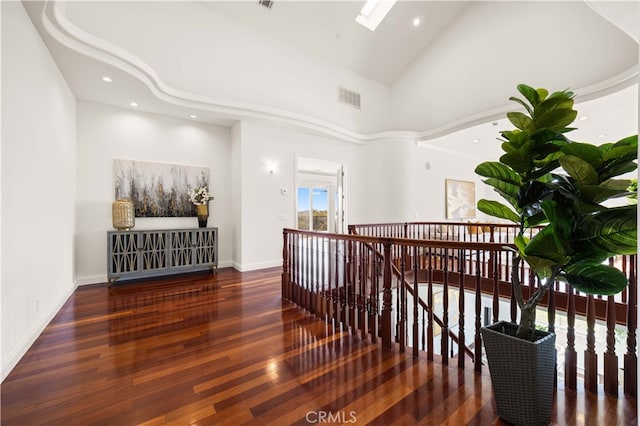 4642 Ohio St, Yorba Linda, CA 92886 - hallway featuring an upstairs landing, wood finished floors, recessed lighting, and high vaulted ceiling