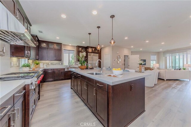 195 Stellar, Irvine, CA 92618 - kitchen featuring under cabinet range hood, dark brown cabinetry, light countertops, glass insert cabinets, and light wood finished floors