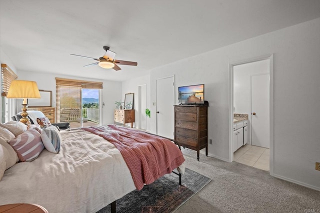 10160 Vista De La Cruz Ln, Mesa, CA 91941 - bedroom with light carpet, access to outside, a ceiling fan, and ensuite bath