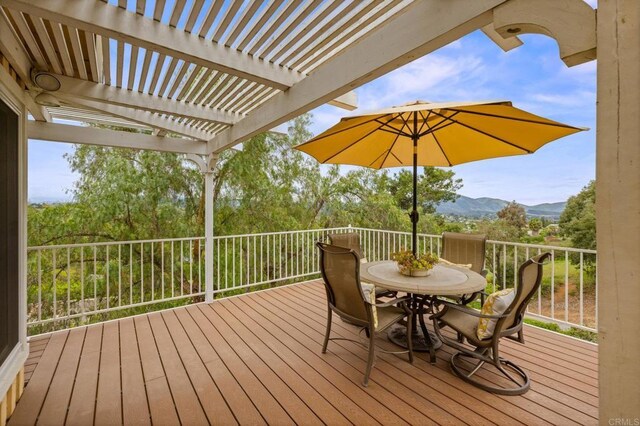 10160 Vista De La Cruz Ln, Mesa, CA 91941 - wooden deck featuring a pergola, outdoor dining space, and a mountain view