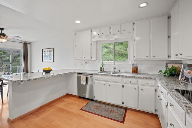 10160 Vista De La Cruz Ln, Mesa, CA 91941 - kitchen featuring dishwasher, a peninsula, tasteful backsplash, white cabinets, and recessed lighting