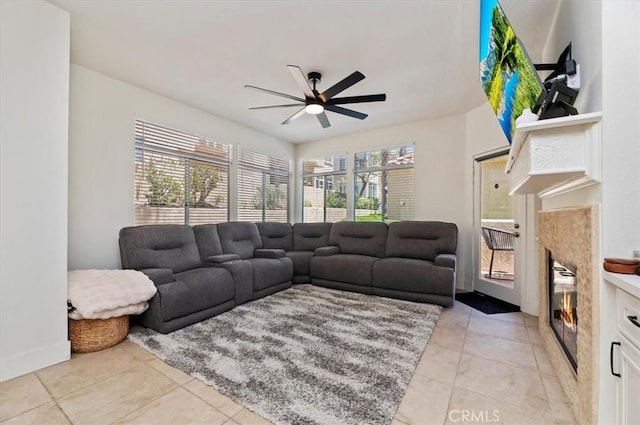1151 Veramar Ct Unit 101, Corona, CA 92882 - living room with a ceiling fan, a fireplace, and light tile patterned floors