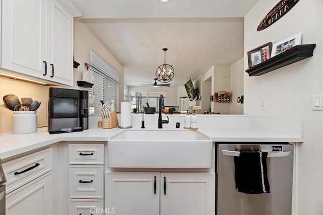 1151 Veramar Ct Unit 101, Corona, CA 92882 - kitchen with stainless steel dishwasher, a chandelier, white cabinets, and light countertops