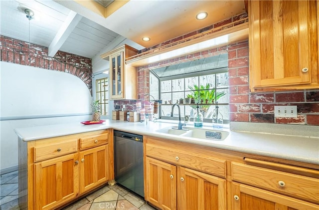 625 Balboa Dr, Corona, CA 92879 - kitchen with dishwasher, beam ceiling, light countertops, a peninsula, and glass insert cabinets