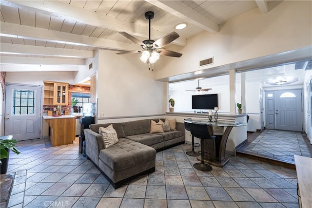 625 Balboa Dr, Corona, CA 92879 - living room featuring ceiling fan, stone tile floors, and wood ceiling