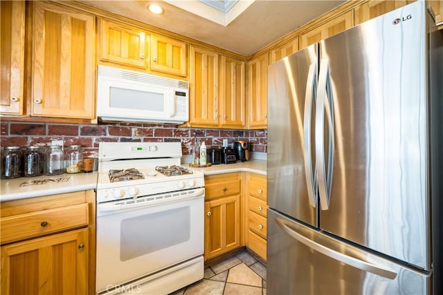625 Balboa Dr, Corona, CA 92879 - kitchen featuring white appliances, light countertops, light tile patterned floors, and tasteful backsplash