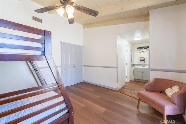 625 Balboa Dr, Corona, CA 92879 - bedroom with wood finished floors, a wood ceiling with exposed beams, and ceiling fan