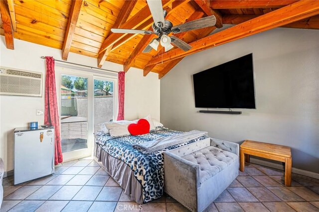 625 Balboa Dr, Corona, CA 92879 - tiled bedroom with access to outside, a wall mounted AC, wooden ceiling, and freestanding refrigerator