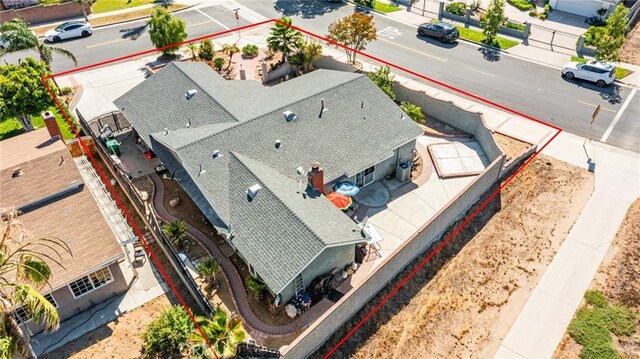 625 Balboa Dr, Corona, CA 92879 - aerial view of property and surrounding area featuring property boundaries highlighted