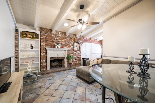 625 Balboa Dr, Corona, CA 92879 - living room featuring a brick fireplace, ceiling fan, wood ceiling, and stone tile floors